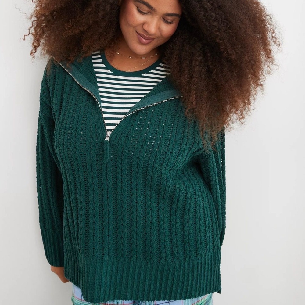 Aerie Cable Car Quarter Zip Sweater green medium